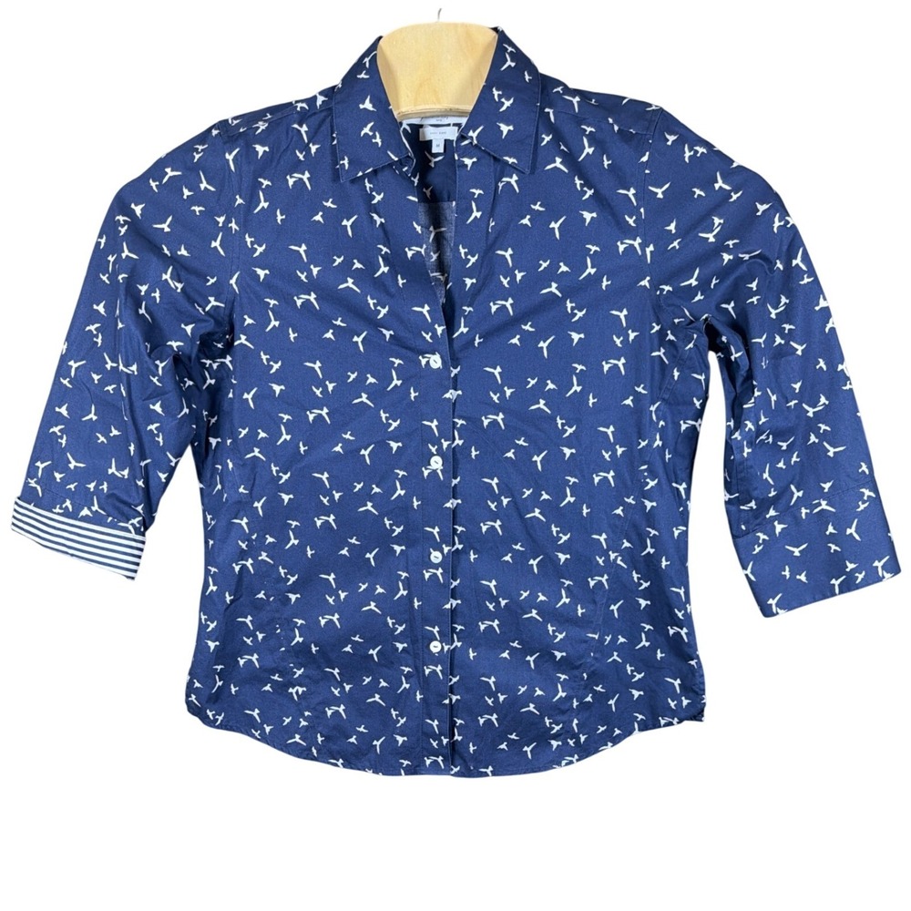 Foxcroft Shirt Womens M Easy Care Navy Blue Bird Print Button-Down 3/4 Sleeve